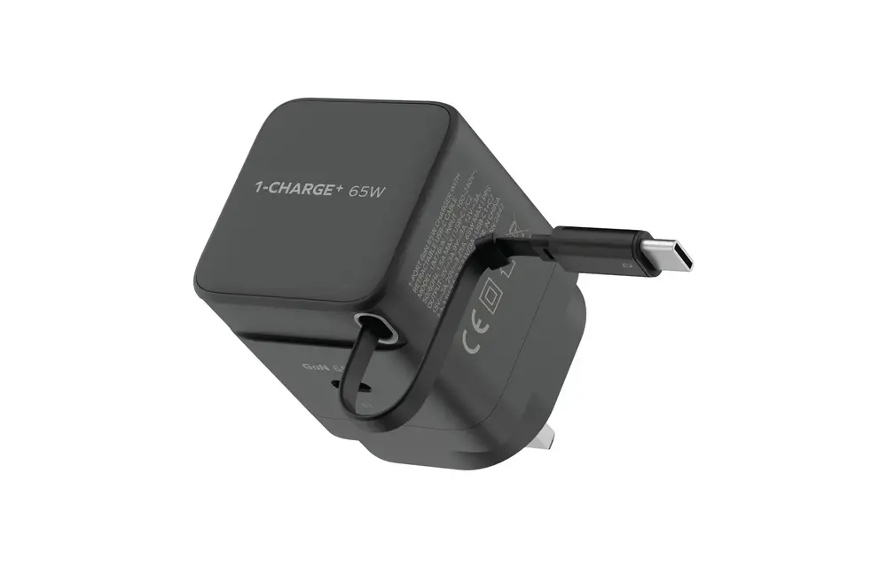 Momax 1-Charge Plus 1 Port GaN Charger 65W with Retractable USB-C Cable - Black