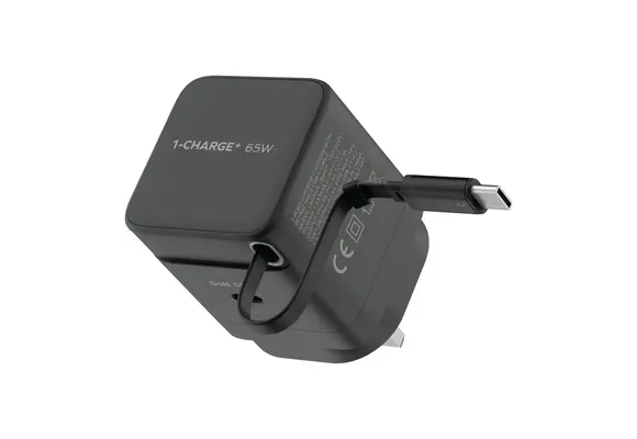 Momax 1-Charge Plus 1 Port GaN Charger 65W with Retractable USB-C Cable - Black