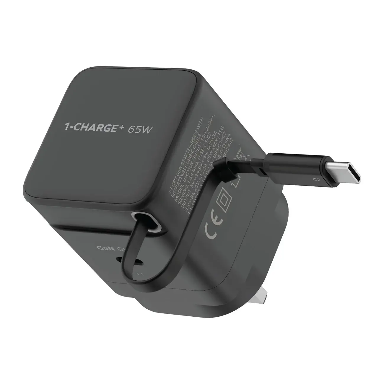 Momax 1-Charge Plus 1 Port GaN Charger 65W with Retractable USB-C Cable - Black