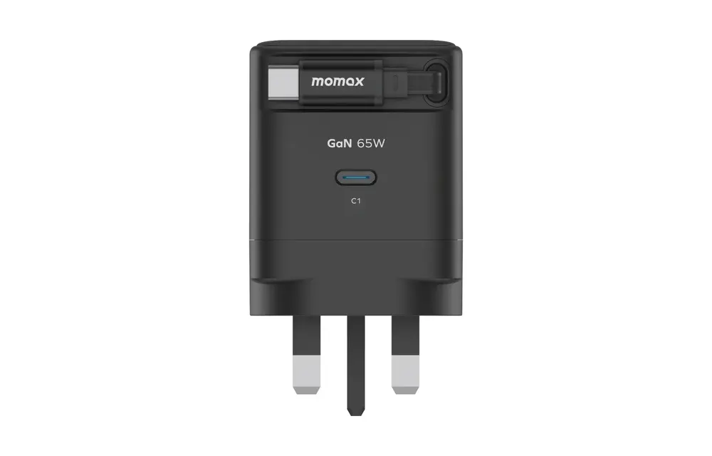 Momax 1-Charge Plus 1 Port GaN Charger 65W with Retractable USB-C Cable - Black
