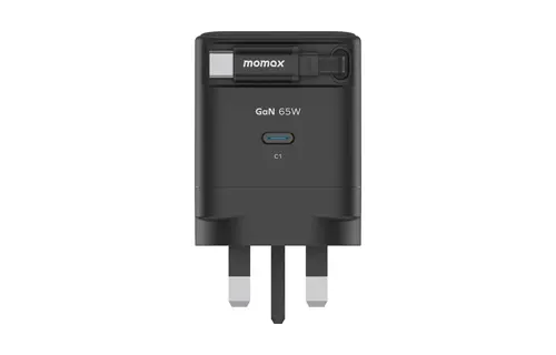 Momax 1-Charge Plus 1 Port GaN Charger 65W with Retractable USB-C Cable - Black
