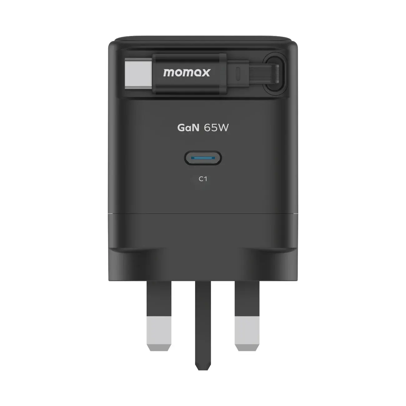 Momax 1-Charge Plus 1 Port GaN Charger 65W with Retractable USB-C Cable - Black