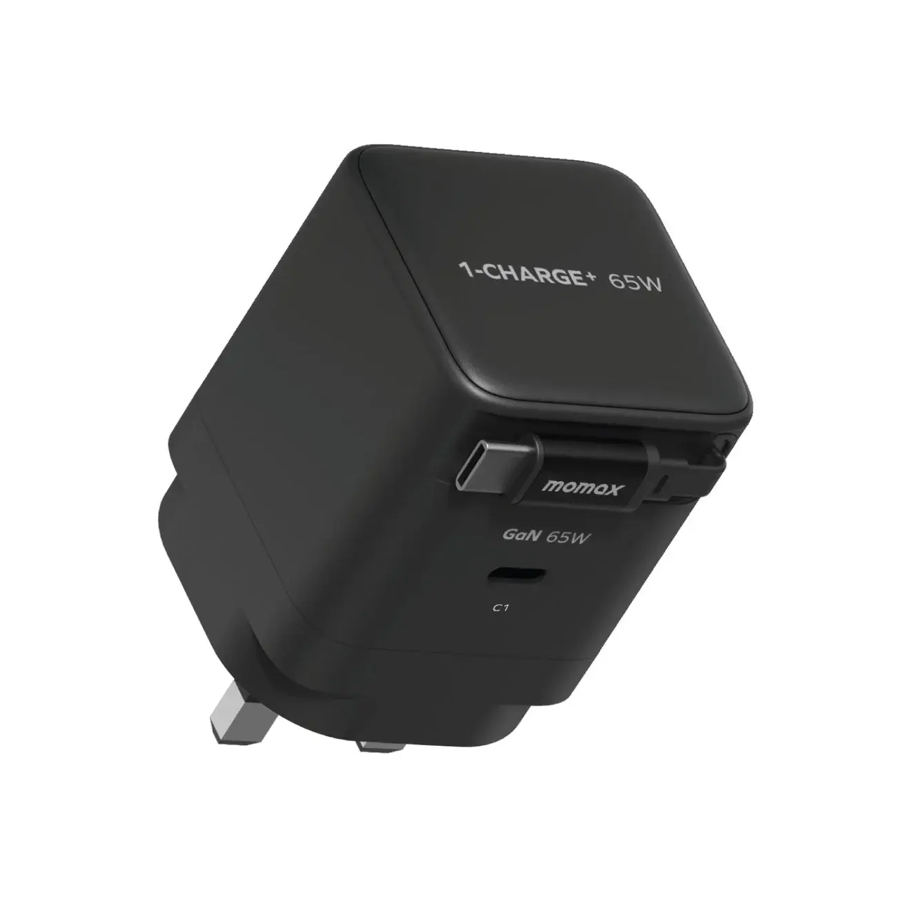 Momax 1-Charge Plus 1 Port GaN Charger 65W with Retractable USB-C Cable - Black