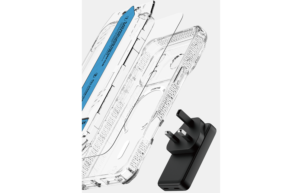 ITSKINS Hybrid Power Bundle 45W Adapter Dual USB-C Port UK + Defense Glass Screen protection + Clear MagSafe Case for Apple iPhone 17 Pro Max