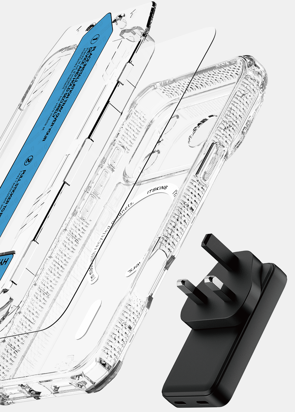 ITSKINS Hybrid Power Bundle 45W Adapter Dual USB-C Port UK + Defense Glass Screen protection + Clear MagSafe Case for Apple iPhone 17 Pro Max