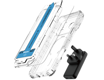 ITSKINS Hybrid Power Bundle 45W Adapter Dual USB-C Port UK + Defense Glass Screen protection + Clear MagSafe Case for Apple iPhone 17 Pro