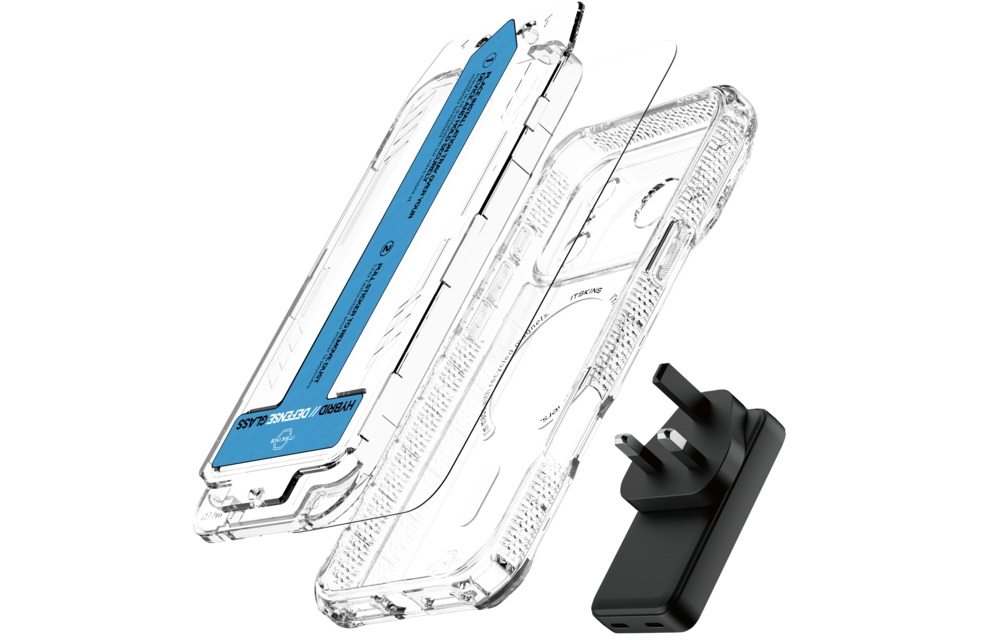 ITSKINS Hybrid Power Bundle 45W Adapter Dual USB-C Port UK + Defense Glass Screen protection + Clear MagSafe Case for Apple iPhone 17 Pro