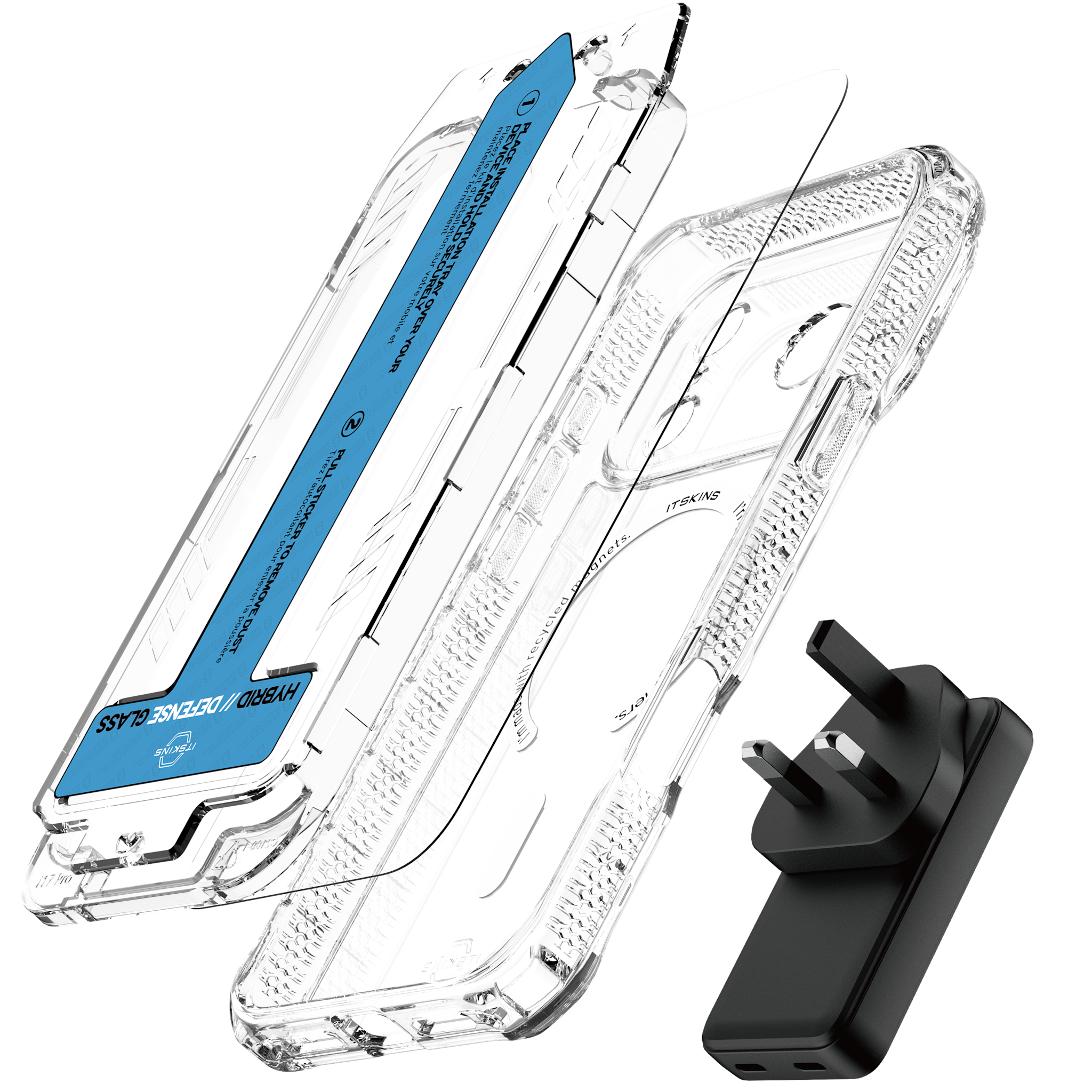 ITSKINS Hybrid Power Bundle 45W Adapter Dual USB-C Port UK + Defense Glass Screen protection + Clear MagSafe Case for Apple iPhone 17 Pro