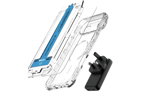 ITSKINS Hybrid Power Bundle 45W Adapter Dual USB-C Port UK + Defense Glass Screen protection + Clear MagSafe Case for Apple iPhone Air