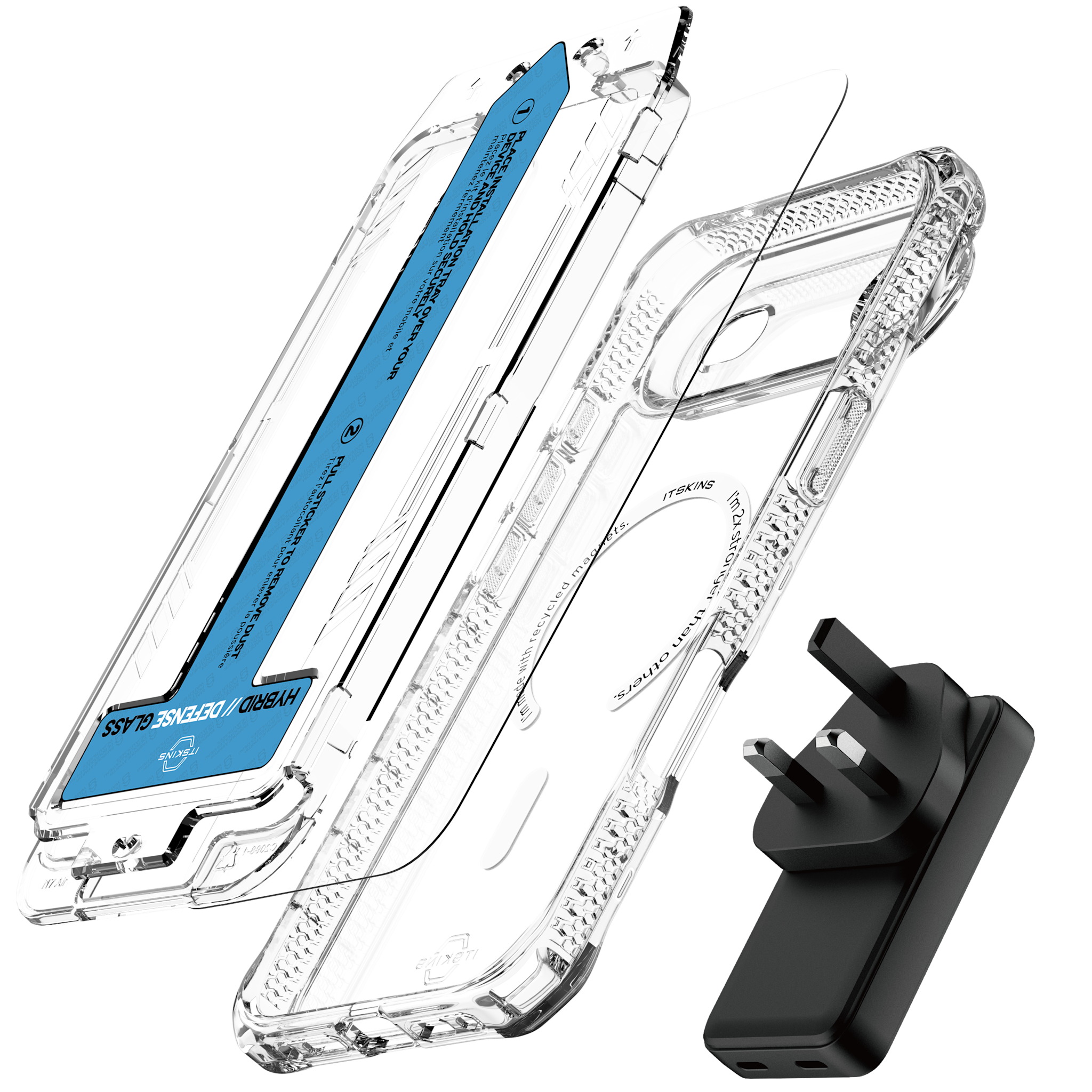 ITSKINS Hybrid Power Bundle 45W Adapter Dual USB-C Port UK + Defense Glass Screen protection + Clear MagSafe Case for Apple iPhone Air