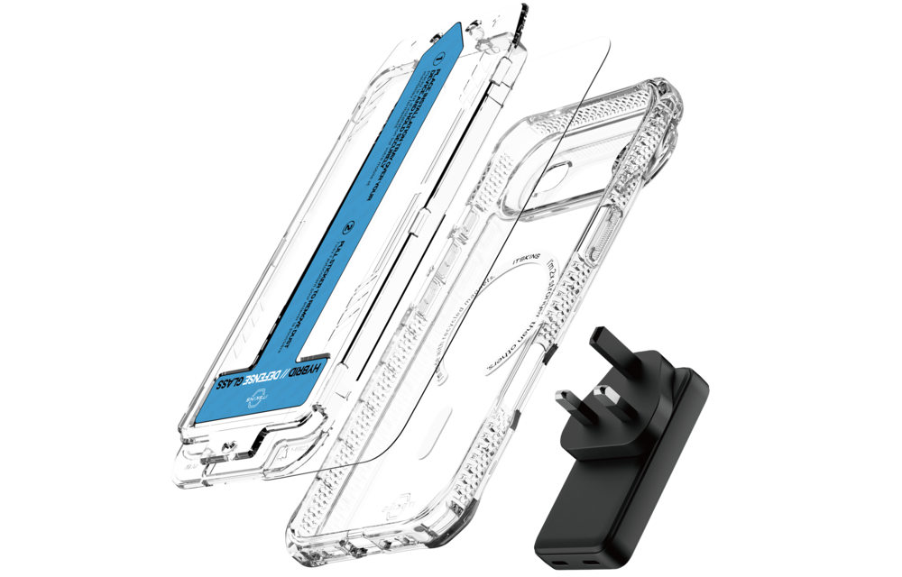 ITSKINS Hybrid Power Bundle 45W Adapter Dual USB-C Port UK + Defense Glass Screen protection + Clear MagSafe Case for Apple iPhone Air