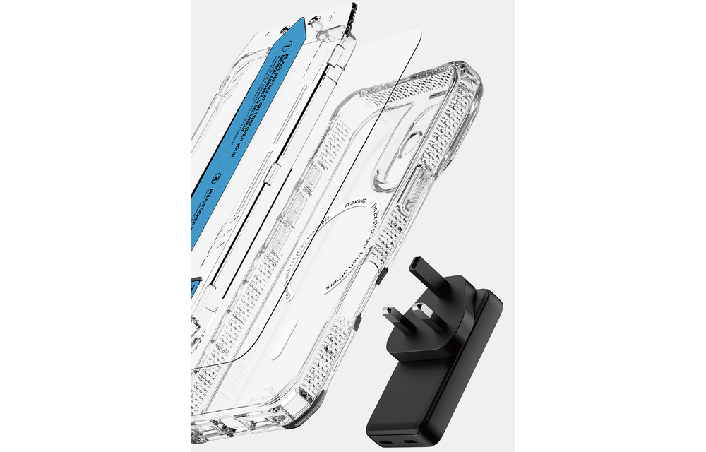 ITSKINS Hybrid Power Bundle 45W Adapter Dual USB-C Port UK + Defense Glass Screen protection + Clear MagSafe Case for Apple iPhone 17