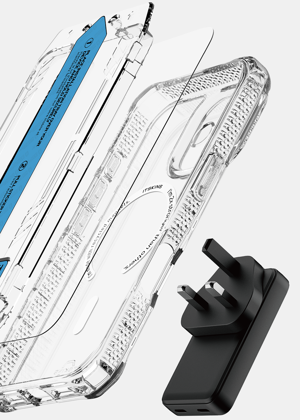 ITSKINS Hybrid Power Bundle 45W Adapter Dual USB-C Port UK + Defense Glass Screen protection + Clear MagSafe Case for Apple iPhone 17
