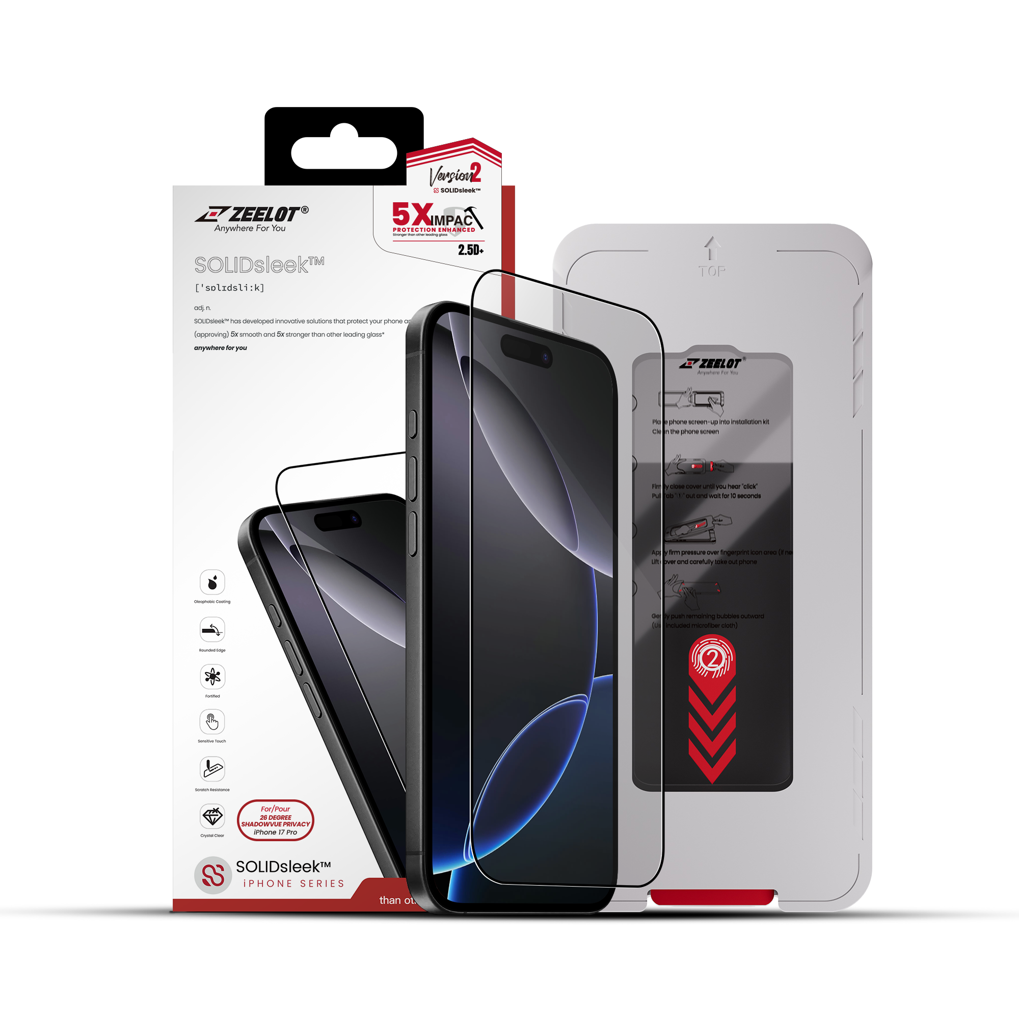 Zeelot Solidsleek 2.5D+ 26 Degree Shadow Vue Glass Protector with EasyFit Installation Kit for iPhone 17 Pro - Privacy