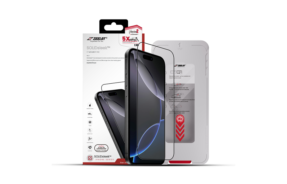 Zeelot Solidsleek 2.5D+ Ultra HD VisionGuard Glass Protector with EasyFit Installation Kit for iPhone 17 Pro Max - Retina Clear