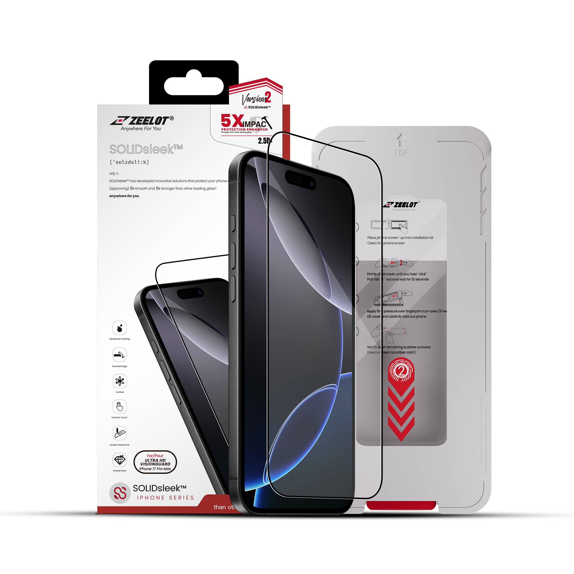 Zeelot Solidsleek 2.5D+ Ultra HD VisionGuard Glass Protector with EasyFit Installation Kit for iPhone 17 Pro Max - Retina Clear