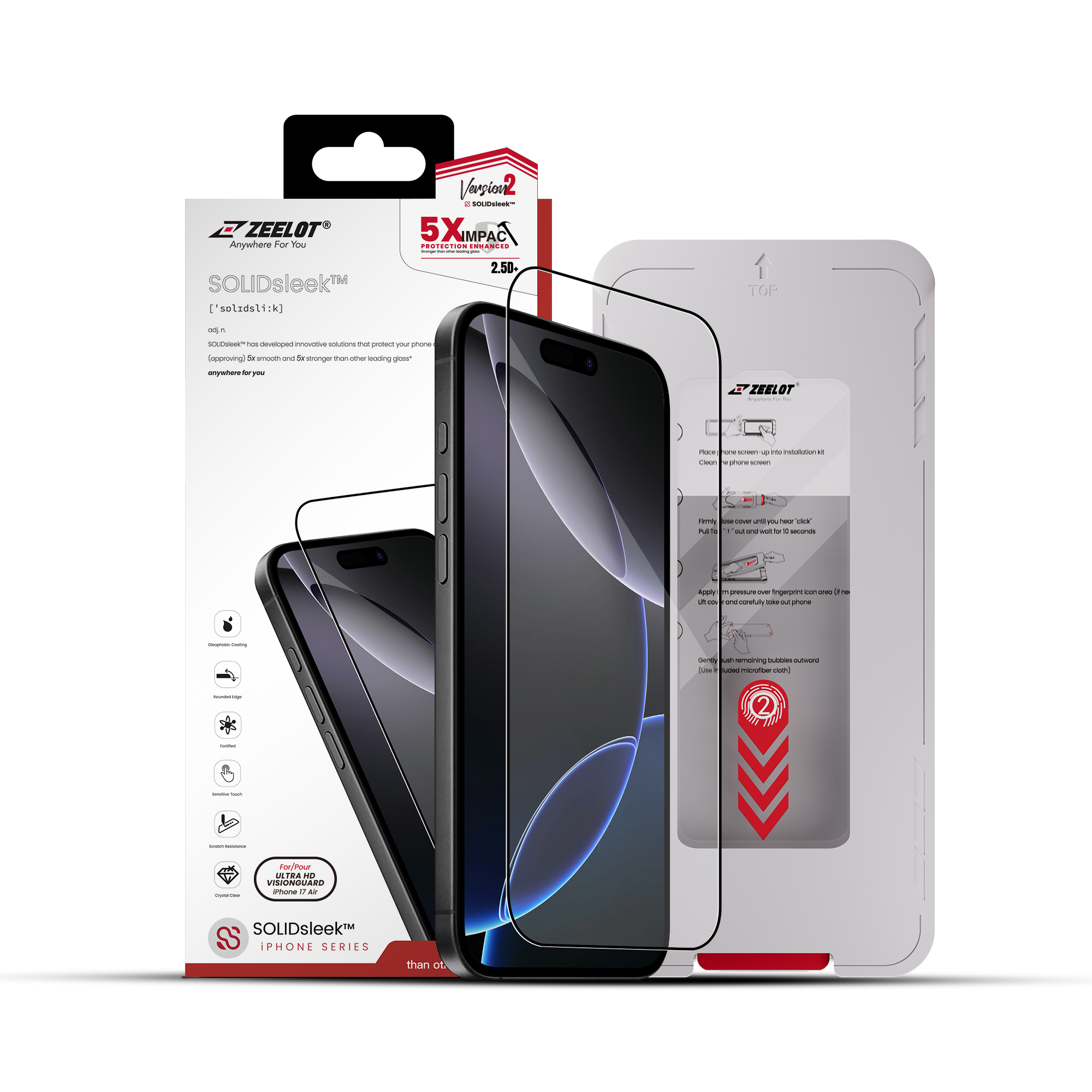 Zeelot Solidsleek 2.5D+ Ultra HD VisionGuard Glass Protector with EasyFit Installation Kit for iPhone Air - Retina Clear