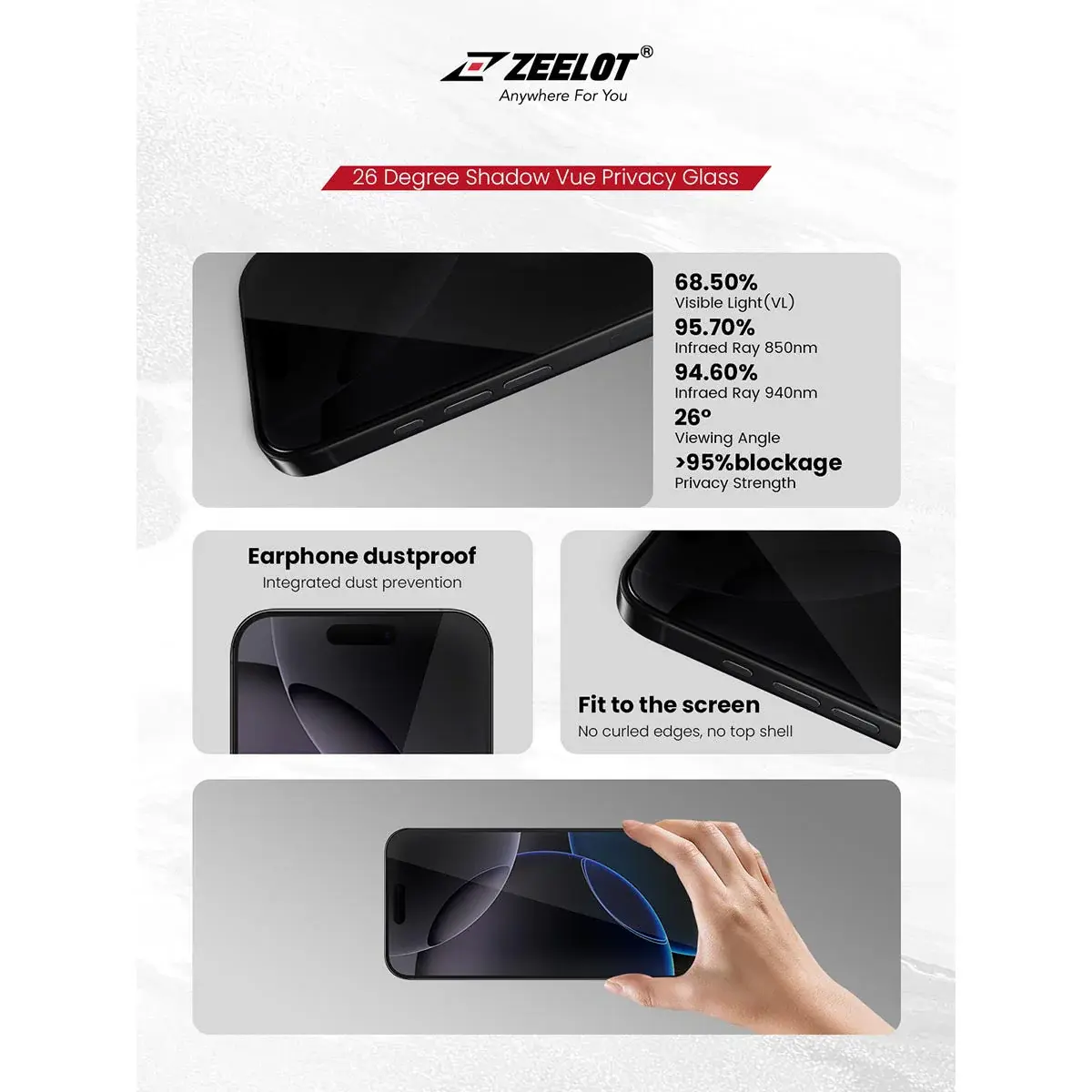 Zeelot Solidsleek 2.5D+ 26 Degree Shadow Vue Glass Protector with EasyFit Installation Kit for iPhone 17 - Privacy