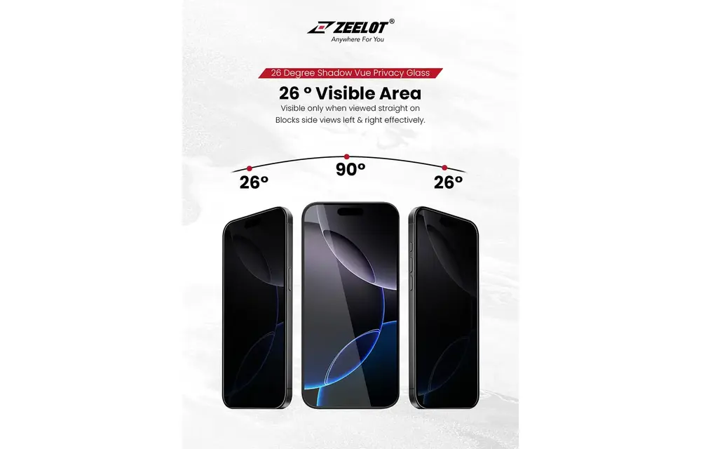 Zeelot Solidsleek 2.5D+ 26 Degree Shadow Vue Glass Protector with EasyFit Installation Kit for iPhone 17 - Privacy