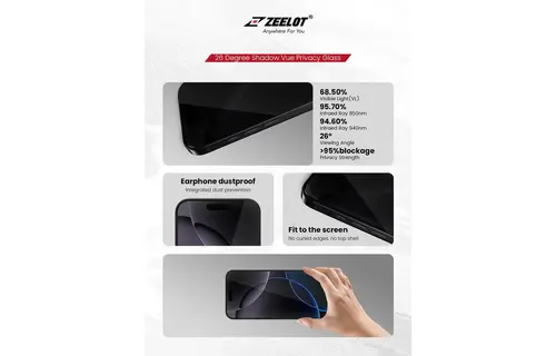 Zeelot Solidsleek 2.5D+ 26 Degree Shadow Vue Glass Protector with EasyFit Installation Kit for iPhone 17 Pro - Privacy