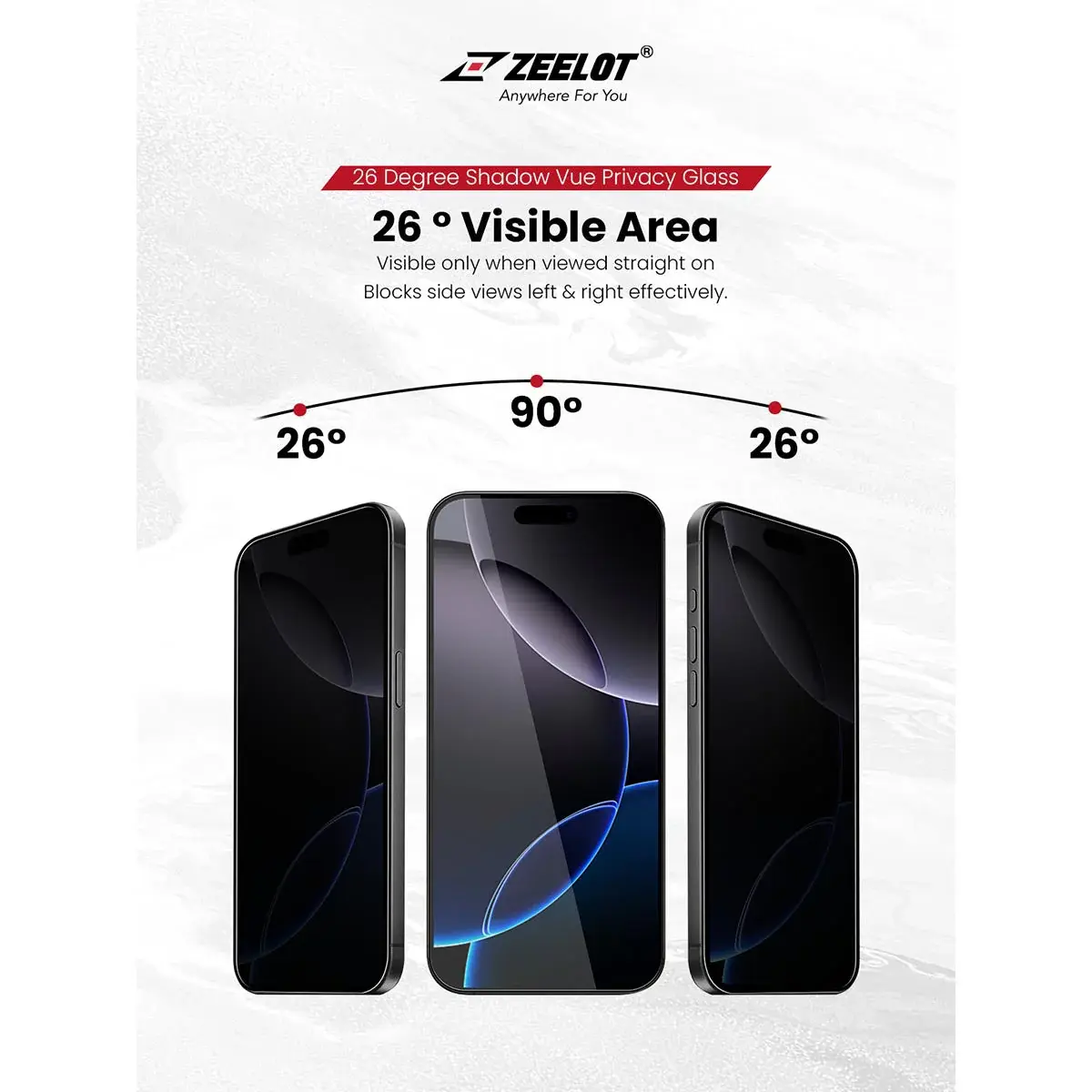 Zeelot Solidsleek 2.5D+ 26 Degree Shadow Vue Glass Protector with EasyFit Installation Kit for iPhone 17 Pro - Privacy
