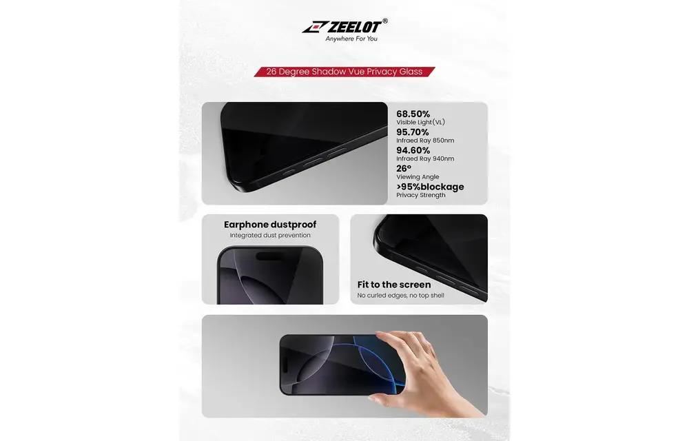 Zeelot Solidsleek 2.5D+ 26 Degree Shadow Vue Glass Protector with EasyFit Installation Kit for iPhone 17 Pro Max - Privacy