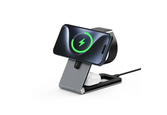 INFINYTY Foldable Ultra-Slim 3-in-1 Magnetic MagSafe Wireless Charging Hub - Gray