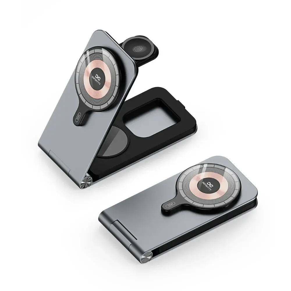 INFINYTY Foldable Ultra-Slim 3-in-1 Magnetic MagSafe Wireless Charging Hub - Gray