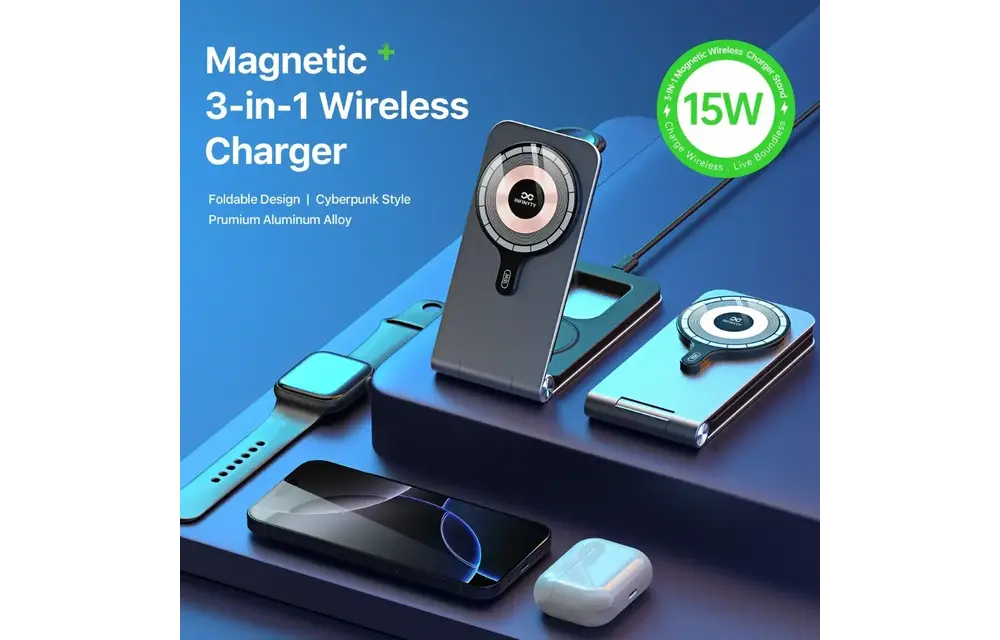 INFINYTY Foldable Ultra-Slim 3-in-1 Magnetic MagSafe Wireless Charging Hub - Gray