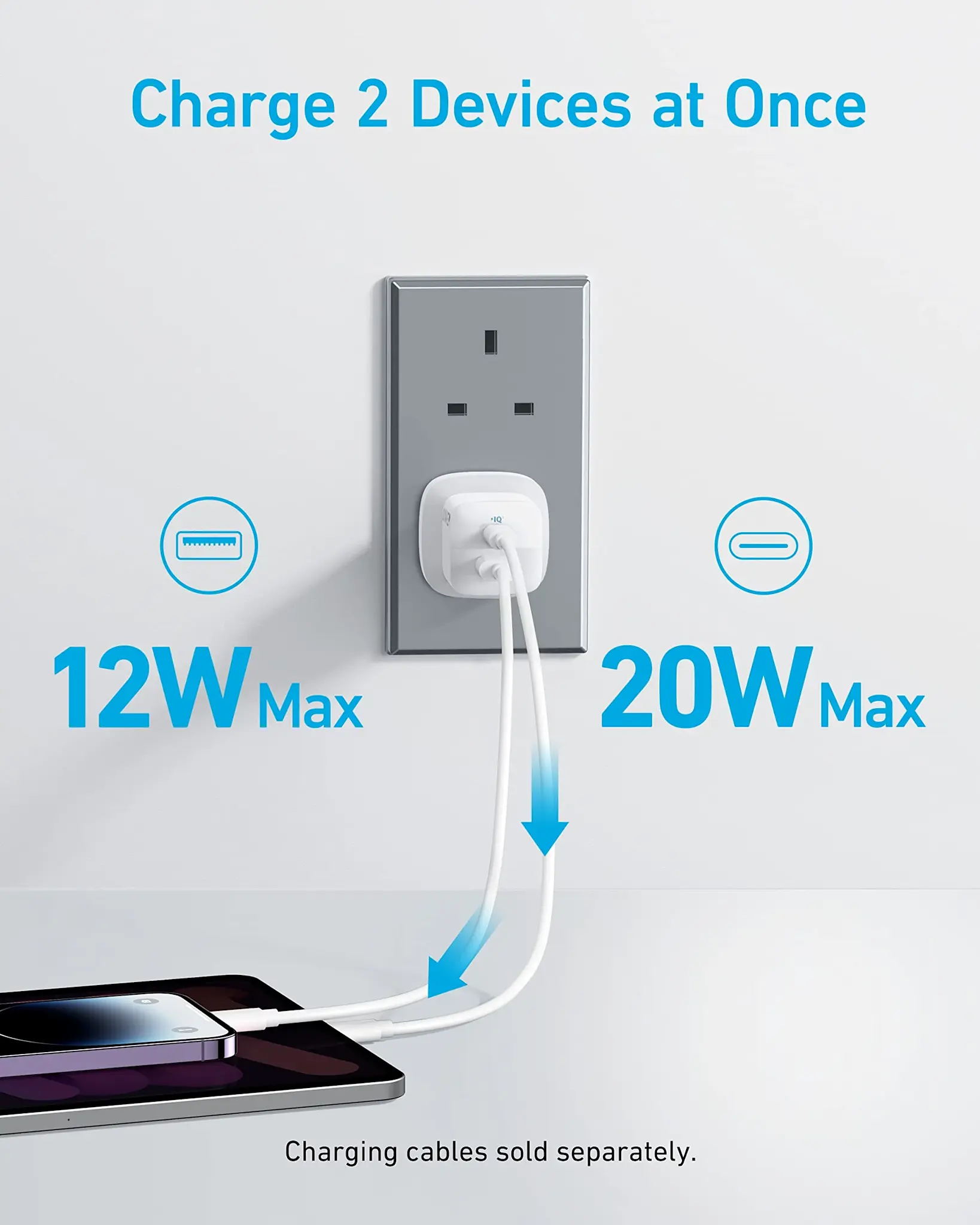 Anker Foldable Charger PD 20W with USB-C To Lightning Cable 3ft and USB-A PowerPort (33W) - White