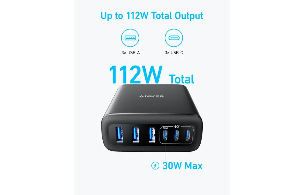 Anker Multi Device Fast Charger Desktop Charger 6 Ports 112W GaN - Black