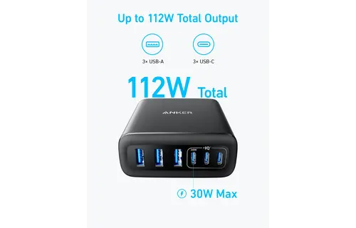 Anker Multi Device Fast Charger Desktop Charger 6 Ports 112W GaN - Black