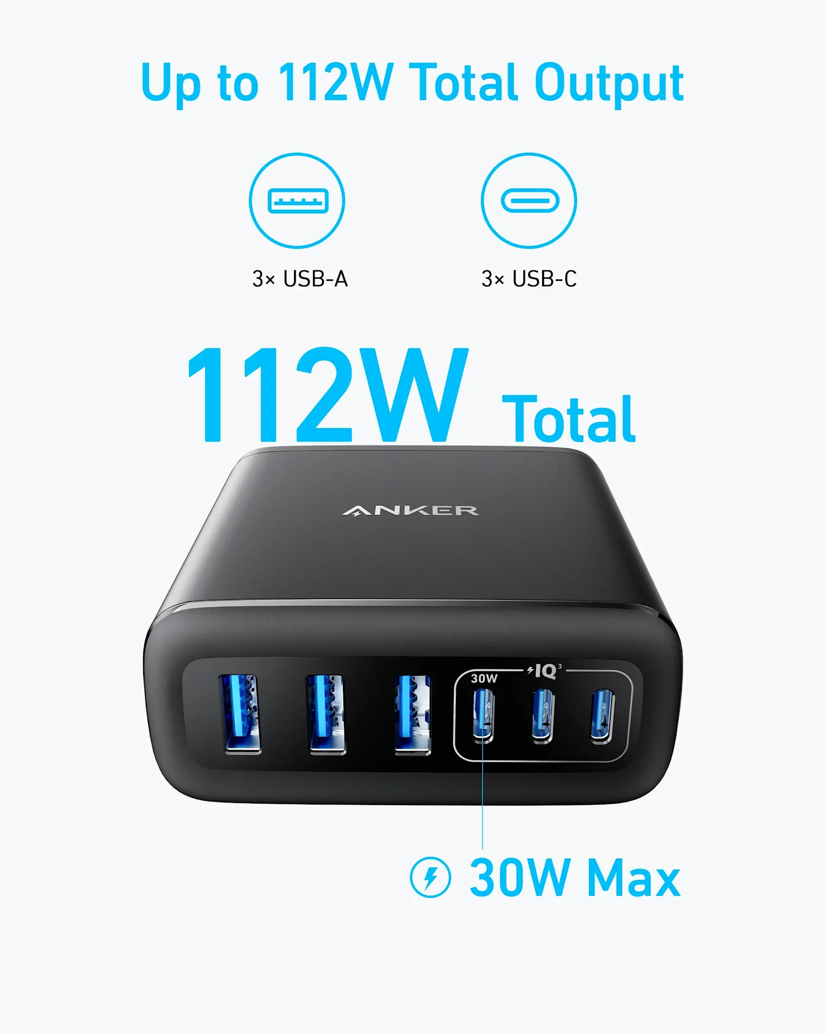 Anker Multi Device Fast Charger Desktop Charger 6 Ports 112W GaN - Black