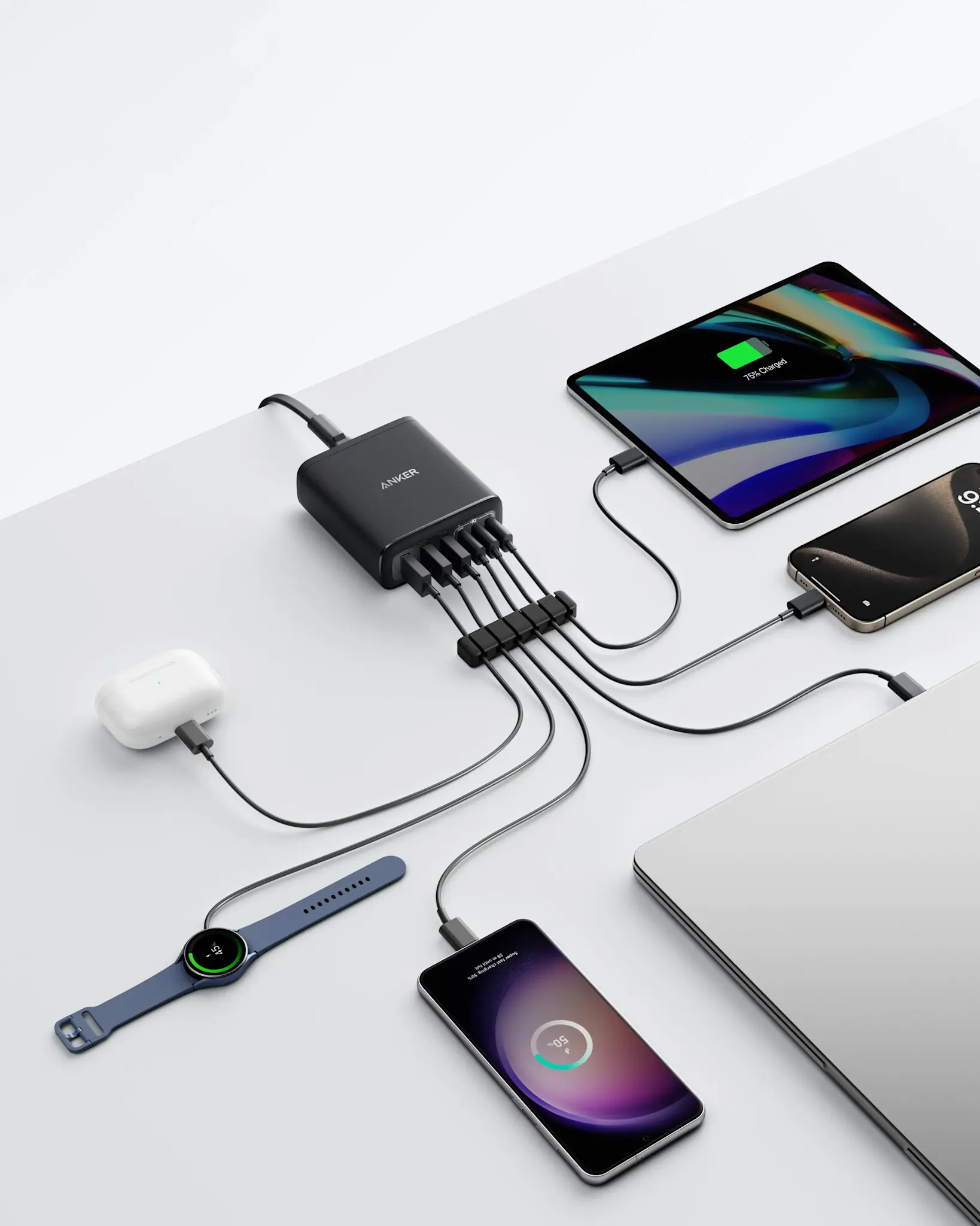 Anker Multi Device Fast Charger Desktop Charger 6 Ports 112W GaN - Black