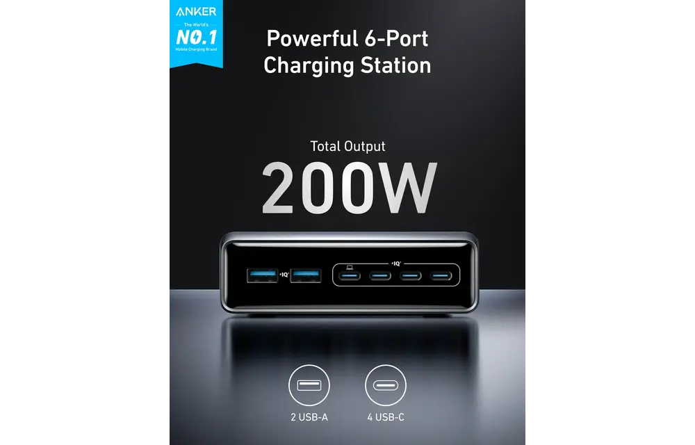 Anker Prime Multi Port Desktop Ultra Fast Charger 200W, 6 Ports, GaN - Black