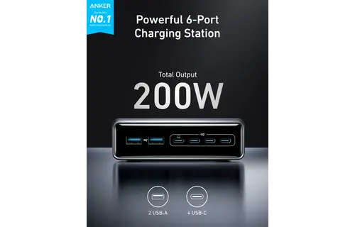Anker Prime Multi Port Desktop Ultra Fast Charger 200W, 6 Ports, GaN - Black