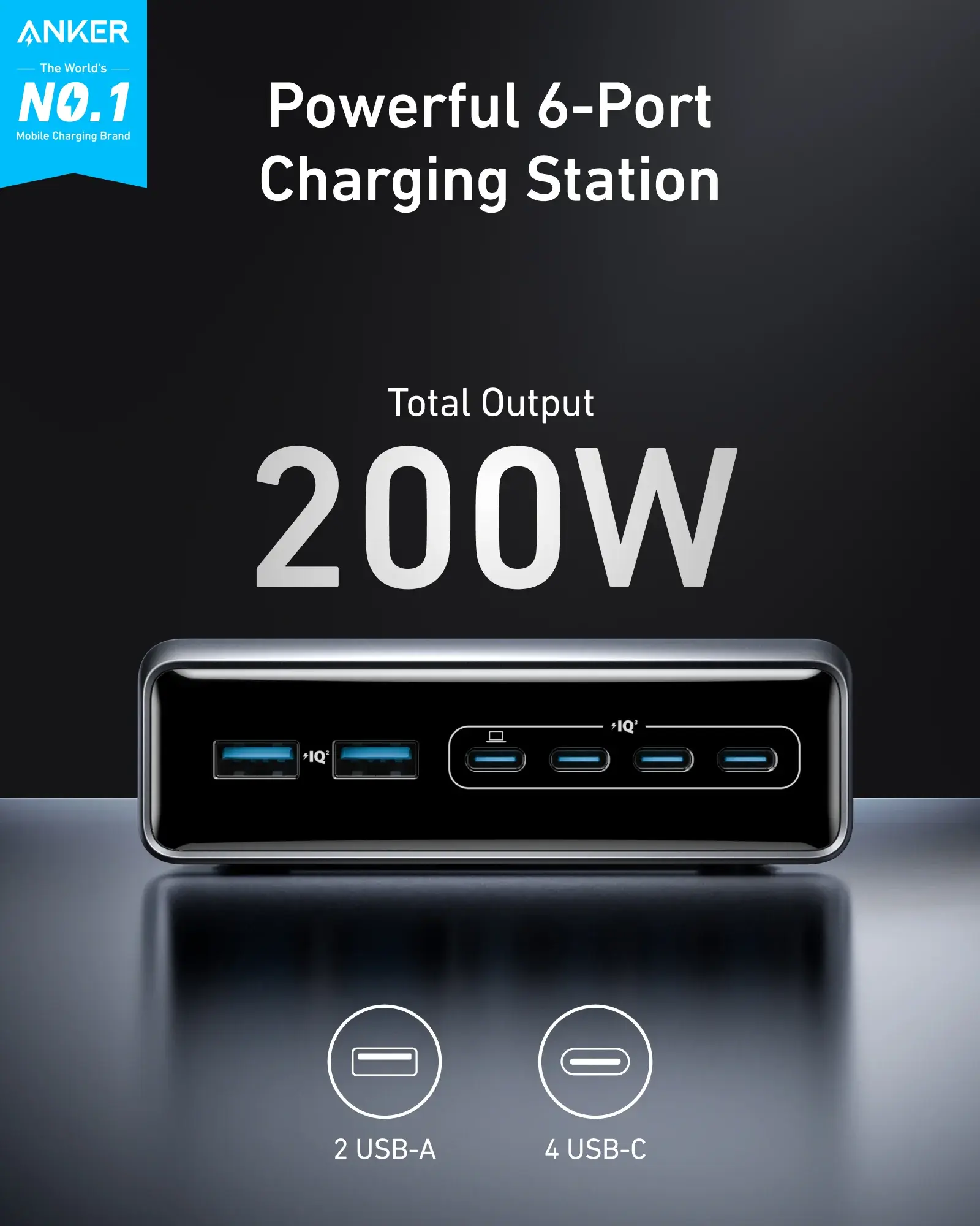 Anker Prime Multi Port Desktop Ultra Fast Charger 200W, 6 Ports, GaN - Black