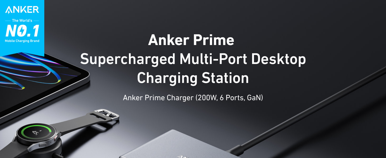 Anker Prime Multi Port Desktop Ultra Fast Charger 200W, 6 Ports, GaN - Black