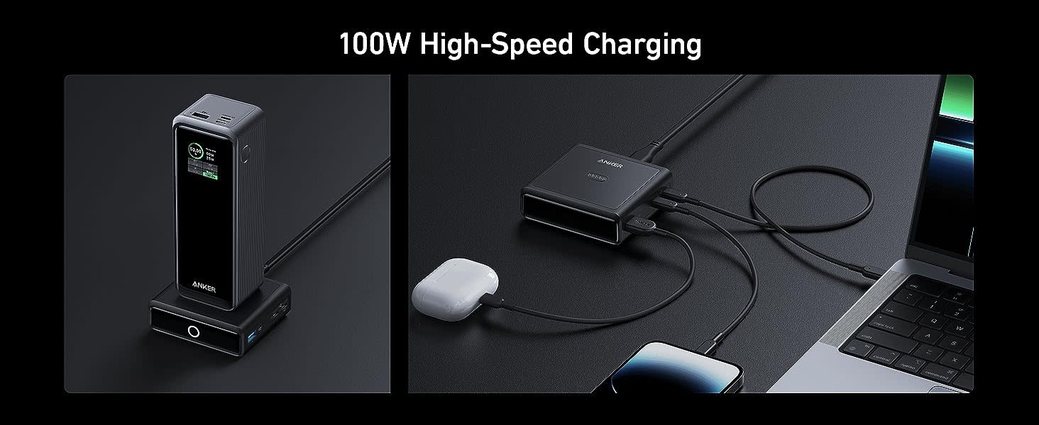 Anker Multi Device Fast Charging Desktop Charger 3 Ports 100W Charging Base For Anker Prime Power Bank - Black