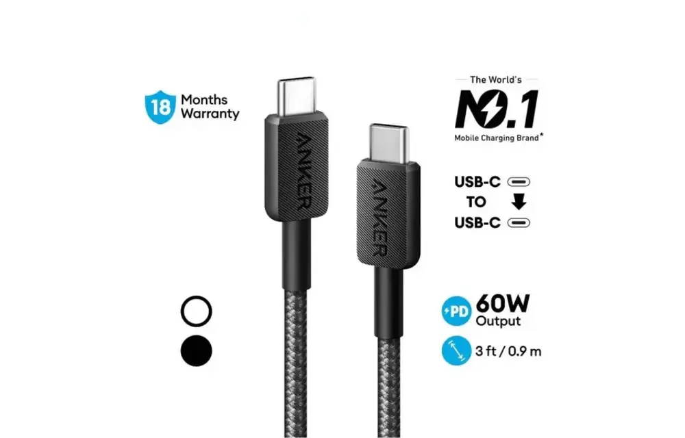 Anker Durable Braided Nylon USB-C Cable 60W 3ft/0.9m - Black