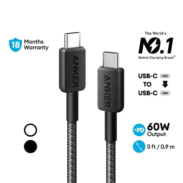 Anker Durable Braided Nylon USB-C Cable 60W 3ft/0.9m - Black