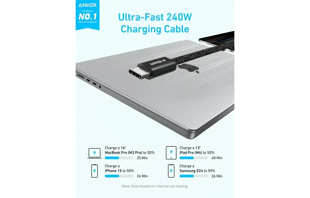 Anker Zolo Dirt-Resistant Braided Fast Charging USB-C Cable 240W, 3.3Ft/1m - Black
