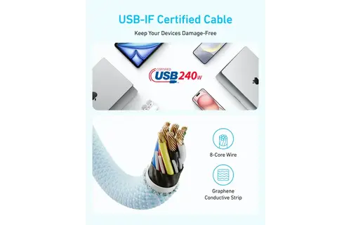 Anker Zolo Dirt-Resistant Braided Fast Charging USB-C Cable 240W, 3.3Ft/1m - Black