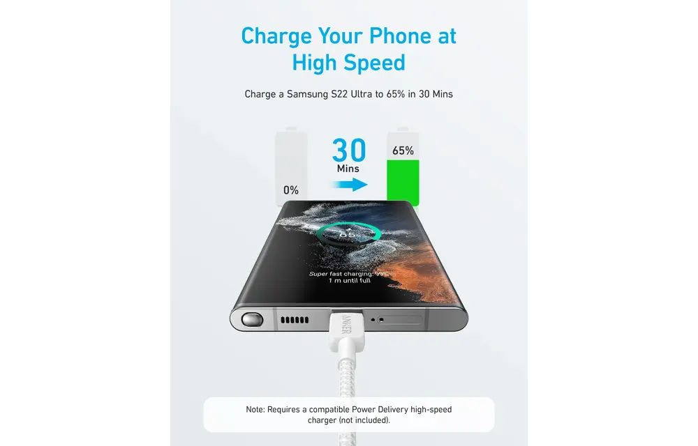 Anker Durable Braided Nylon USB-C Cable 60W 3ft/0.9m  - White