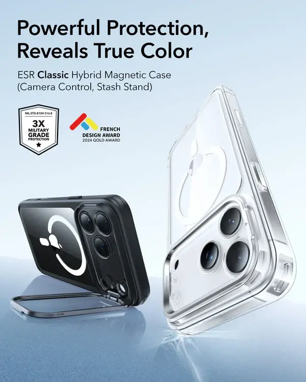 ESR Classic Hybrid MagSafe case Camera Control, Stash Stand For iPhone 17 Pro Max - Clear Black