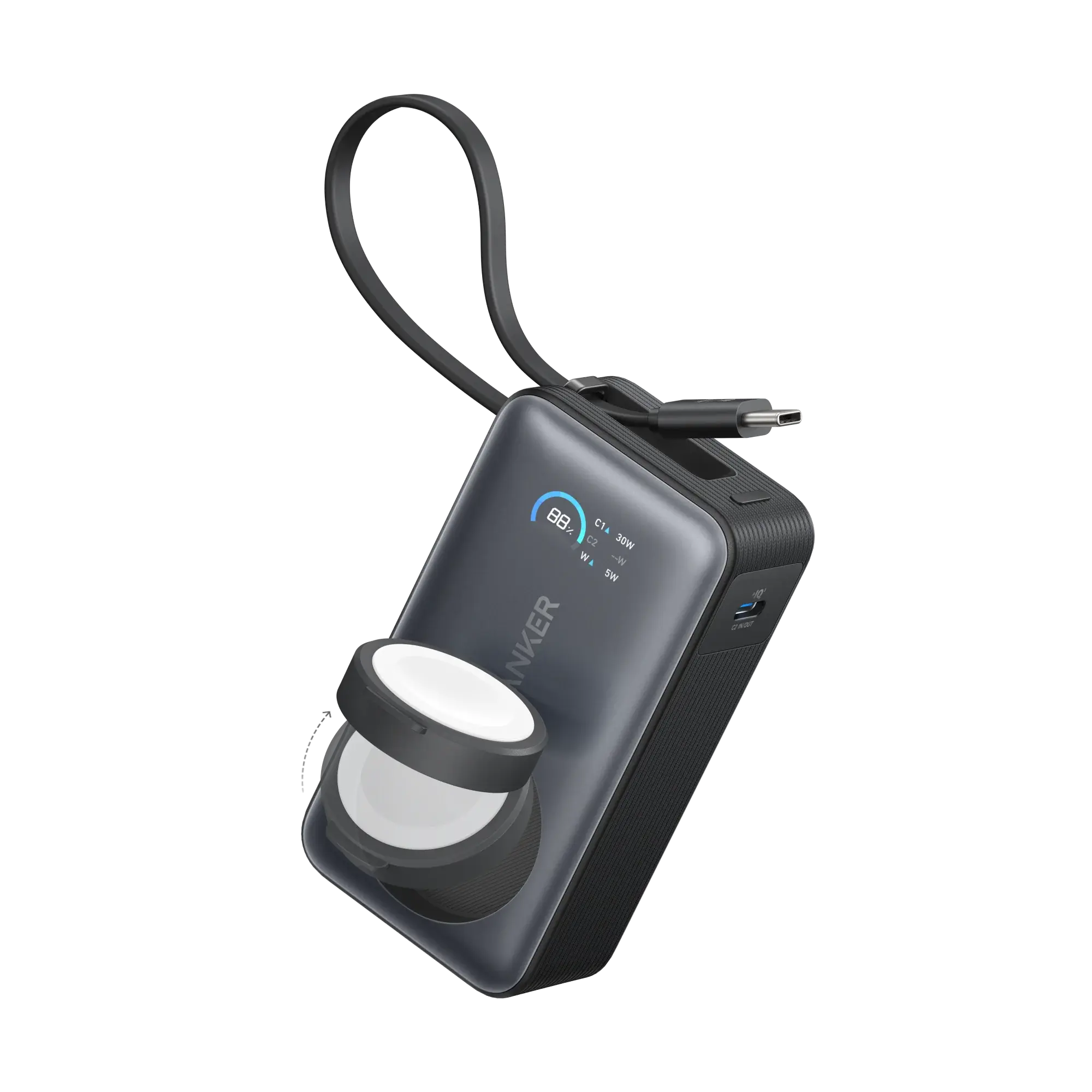 Anker MagGo Power Bank 10K, 35W, with Built-In Apple Watch Charger and USB-C Cable 10,000mAh - Black