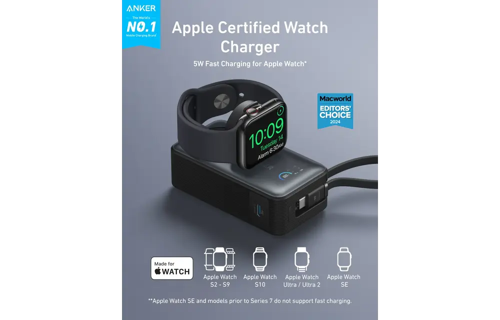 Anker MagGo Power Bank 10K, 35W, with Built-In Apple Watch Charger and USB-C Cable 10,000mAh - Black