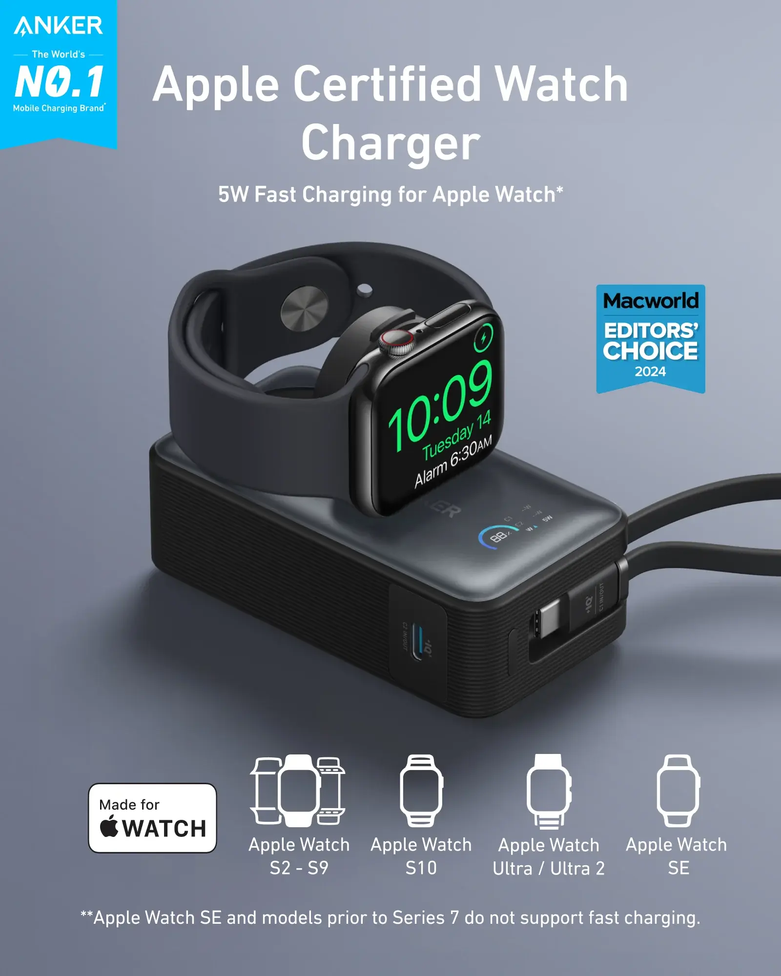 Anker MagGo Power Bank 10K, 35W, with Built-In Apple Watch Charger and USB-C Cable 10,000mAh - Black