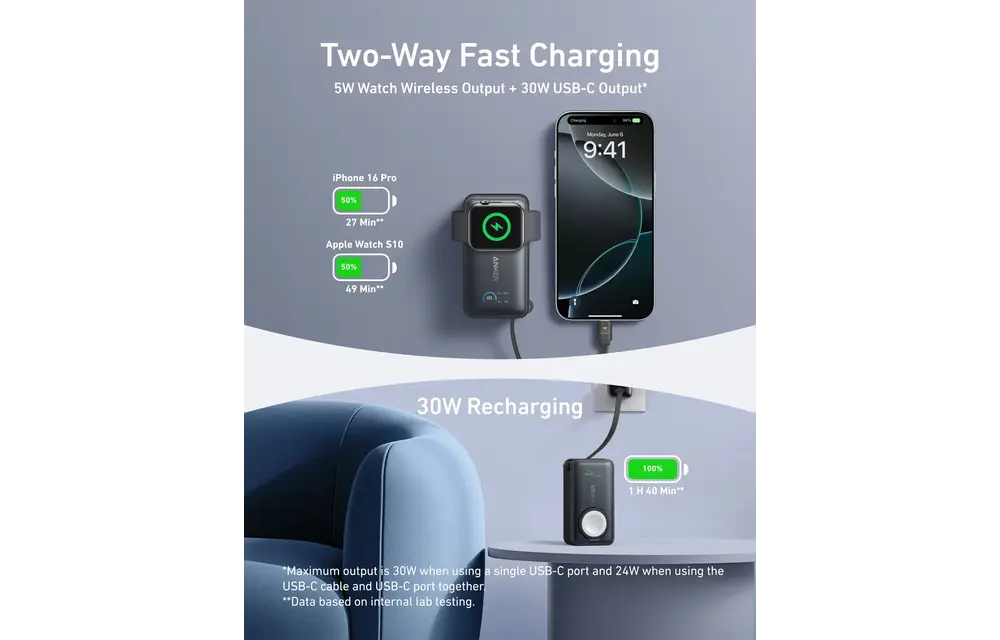 Anker MagGo Power Bank 10K, 35W, with Built-In Apple Watch Charger and USB-C Cable 10,000mAh - Black