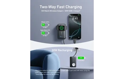 Anker MagGo Power Bank 10K, 35W, with Built-In Apple Watch Charger and USB-C Cable 10,000mAh - Black